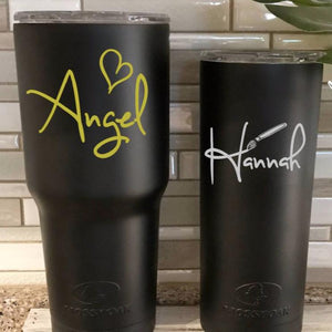 Black tumblers with name decals -- heart name design and paintbrush decal for an artist