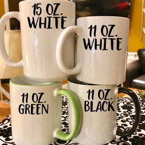ugs sizes and styles: 15 oz white, 11 oz white, 11 oz green, and 11 oz black